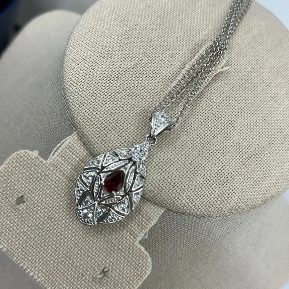 Vintage QVC Diamonique Garnet Necklace - Sterling Silver 925 - Picture 14 of 17